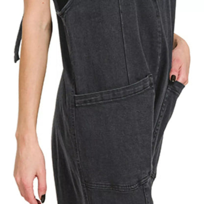 Side view of Zenana women's black casual baggy jumpsuit showing adjustable straps.