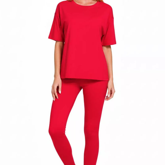 Side view of Zenana plus-size women's short sleeve top and cropped pants in Ruby.