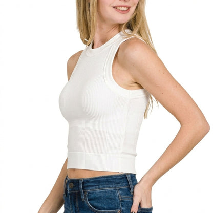 Side view of Zenana women's white seamless ribbed crop tank top.