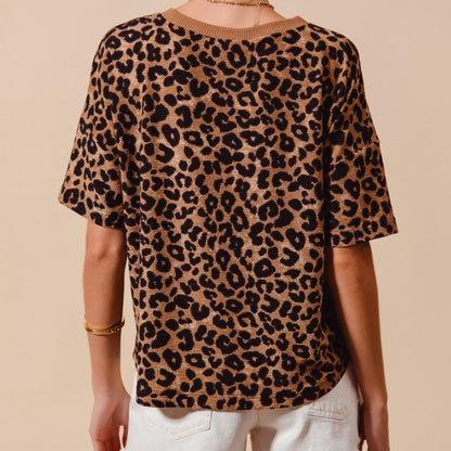 Back view of the SO ME coffee leopard waffle knit loose fit top.