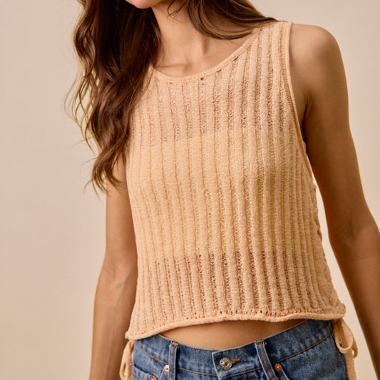 SO ME peach lightweight pointelle sweater tank with tie-front detail.