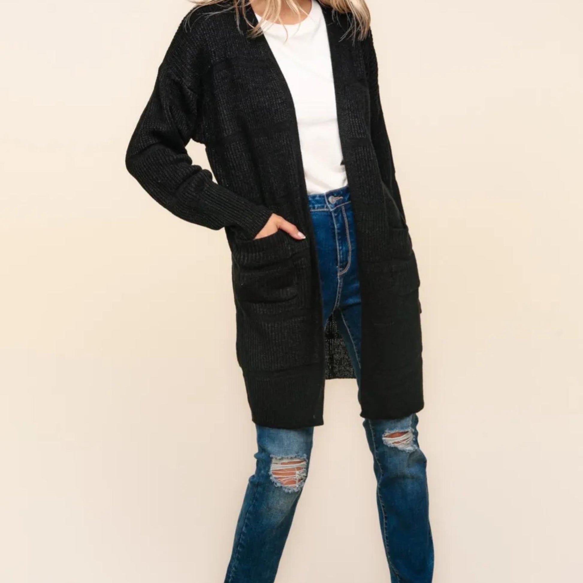 Lifestyle view of the Haptics black textured cardigan styled for an effortless everyday look.