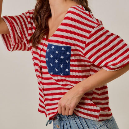 Side profile of the SO ME patriotic stripe waffle knit cardigan top.
