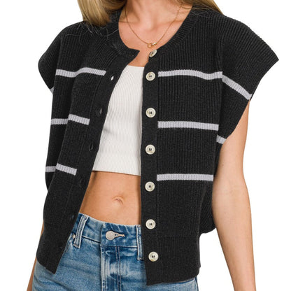Close-up of the functional button-down front and ribbed texture on the black striped vest