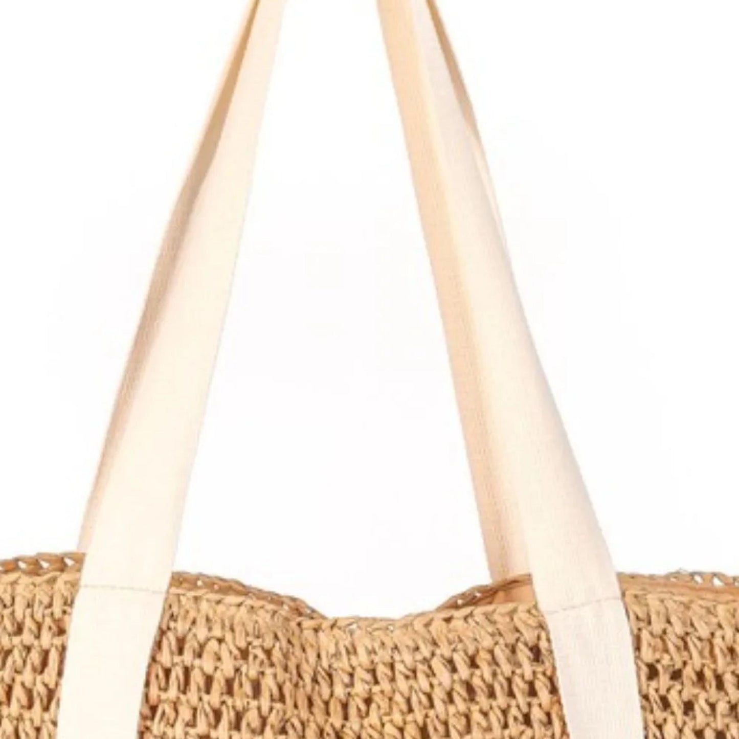 Camel-colored woven hat carrier tote bag highlighting the intricate braided straw texture.