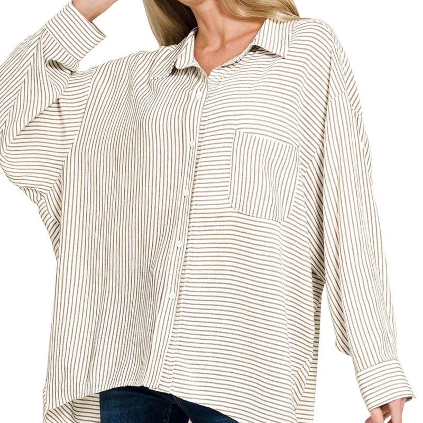 Model wearing the Zenana taupe striped button-down shirt for a realistic, neutral coastal style.