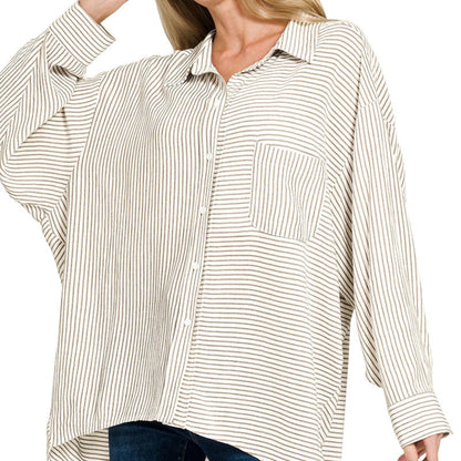 Model wearing the Zenana taupe striped button-down shirt for a realistic, neutral coastal style.