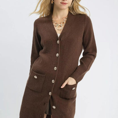 Front view of an Umgee brown longline sweater cardigan featuring a V-neckline and elegant gold-tone buttons.