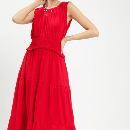 Full front view of the Umgee smocked waist tiered midi dress in cherry red.
