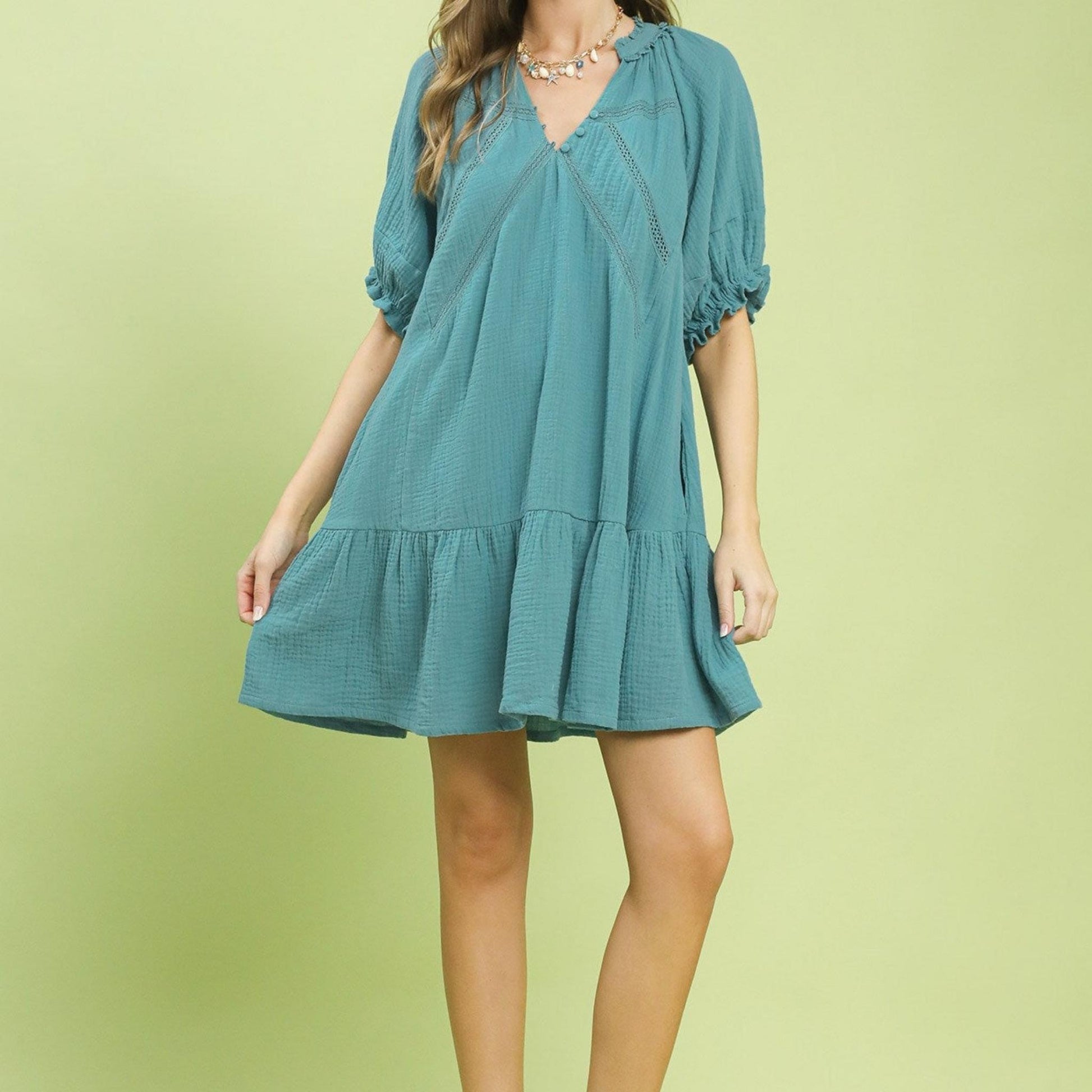 Full-length view of the Umgee blue cotton gauze lace dress for a summer look.