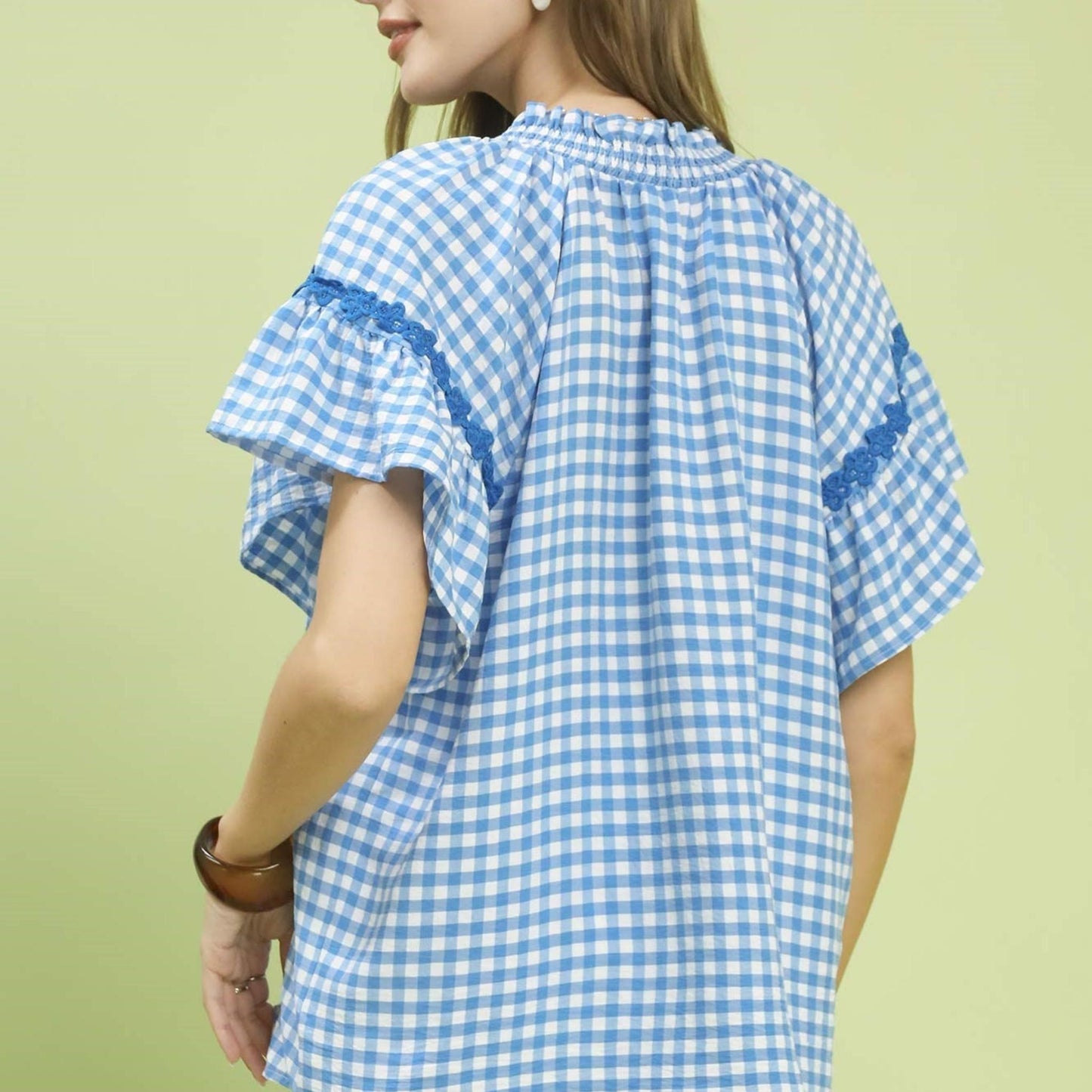 Back view of the Umgee blue gingham top showing the polished, tailored fit.