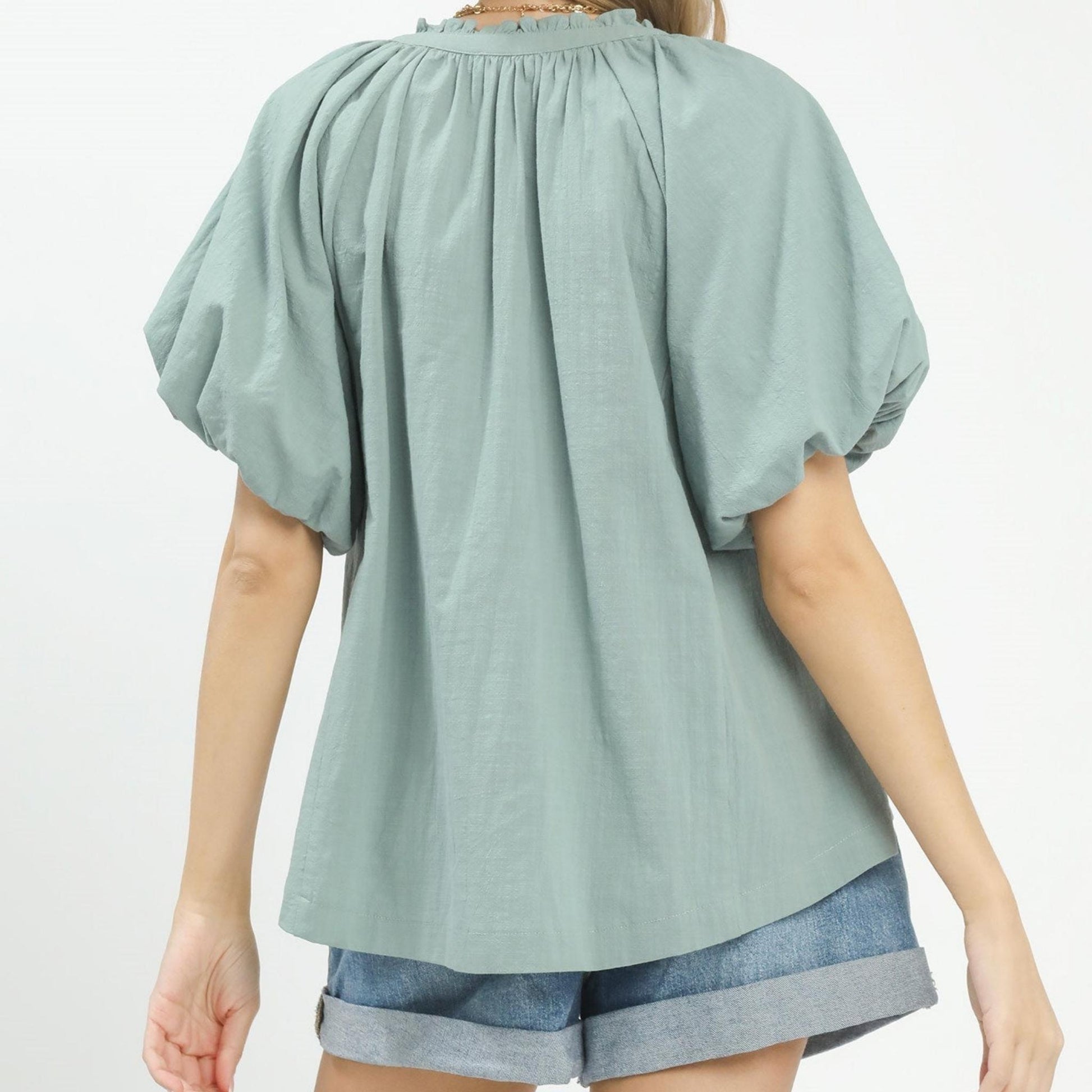 Back view of the Umgee mint blue lace inset blouse highlighting the lightweight cotton fabric.