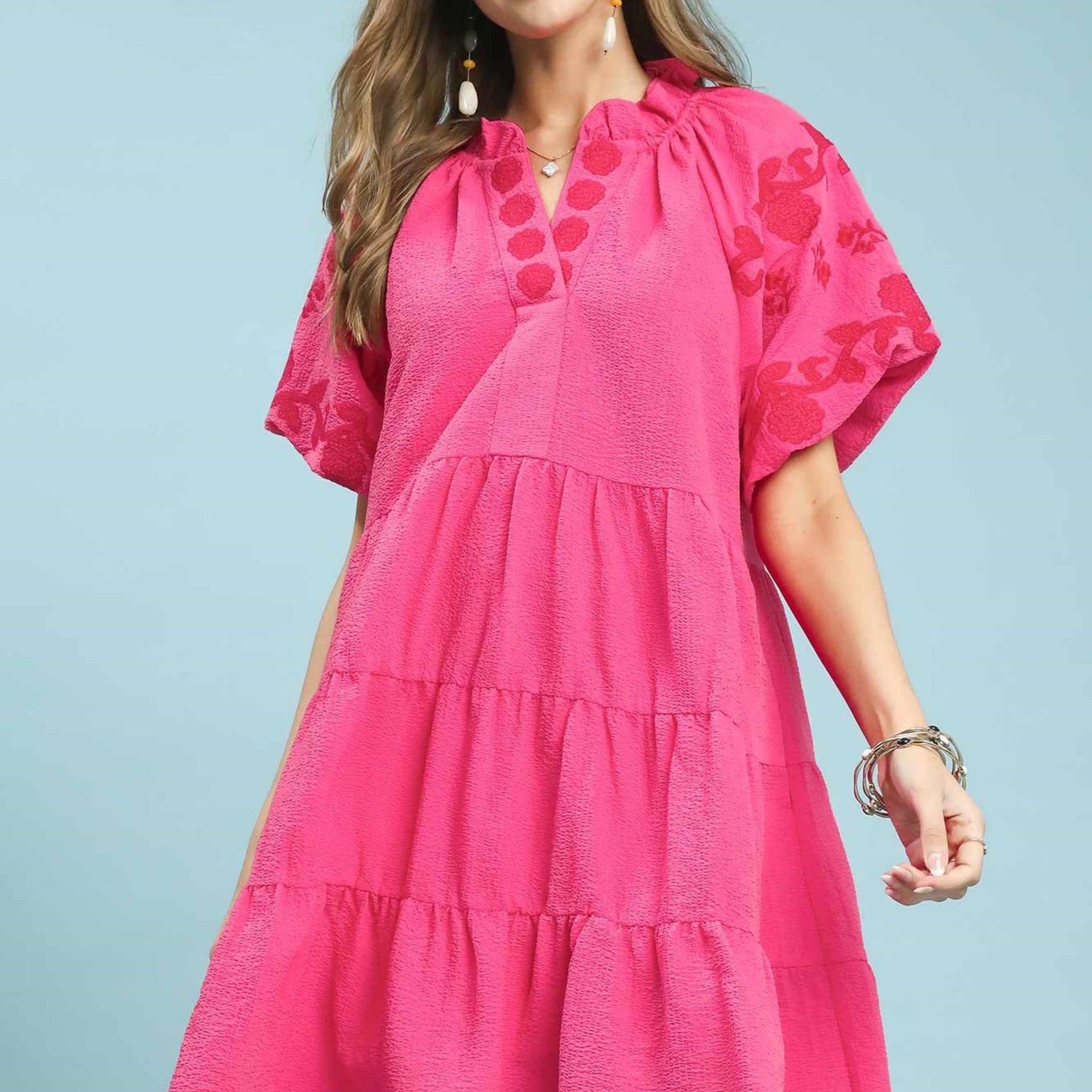 Umgee Embroidered Tiered Puff Sleeve Mini Dress Peony | Veloura Lane Umgee Embroidered Tiered Puff Sleeve Mini Dress Peony | Veloura Lane
