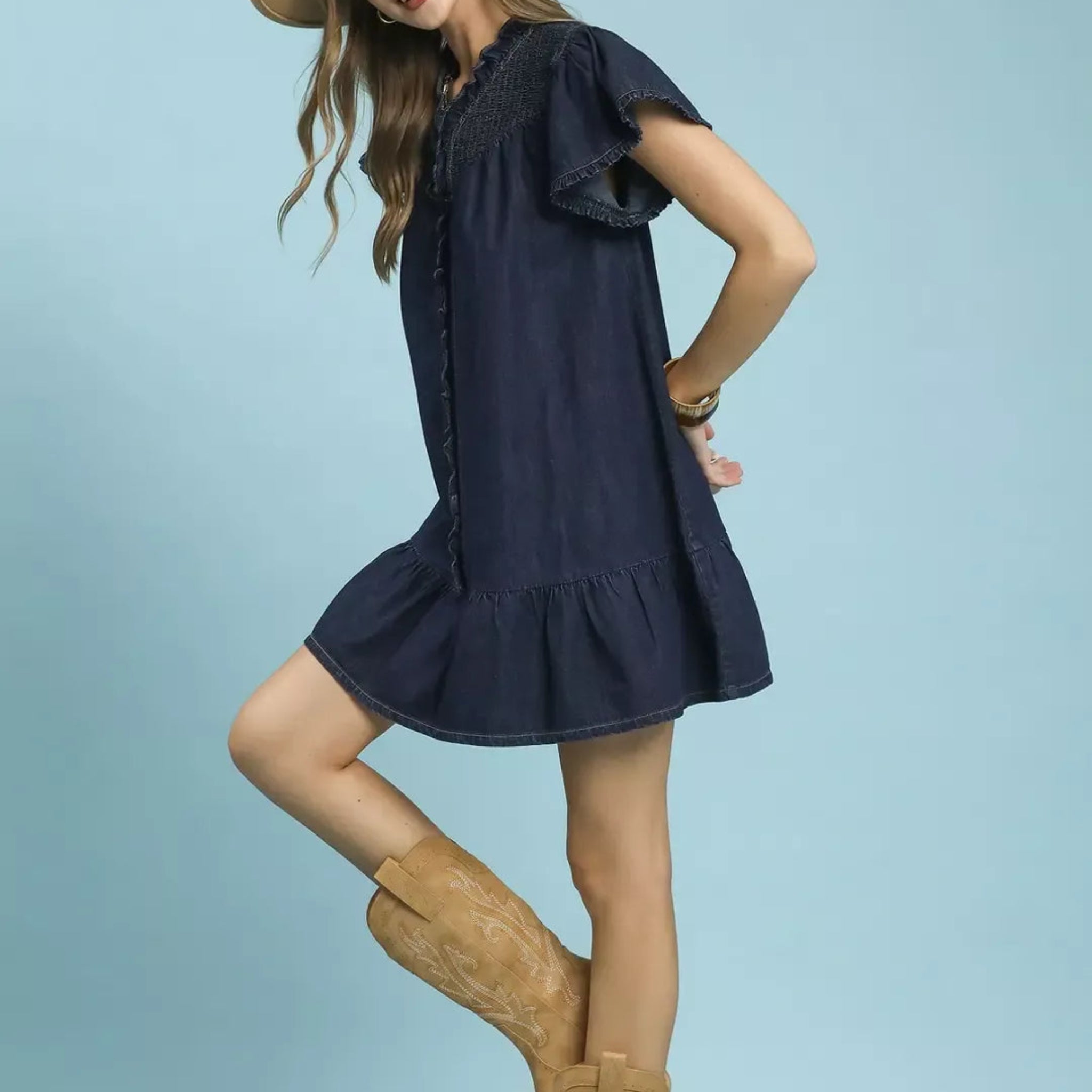 umgee denim dress Umgee Velvet Mini Dress with Floral Embroidery in Denim M main image 0
