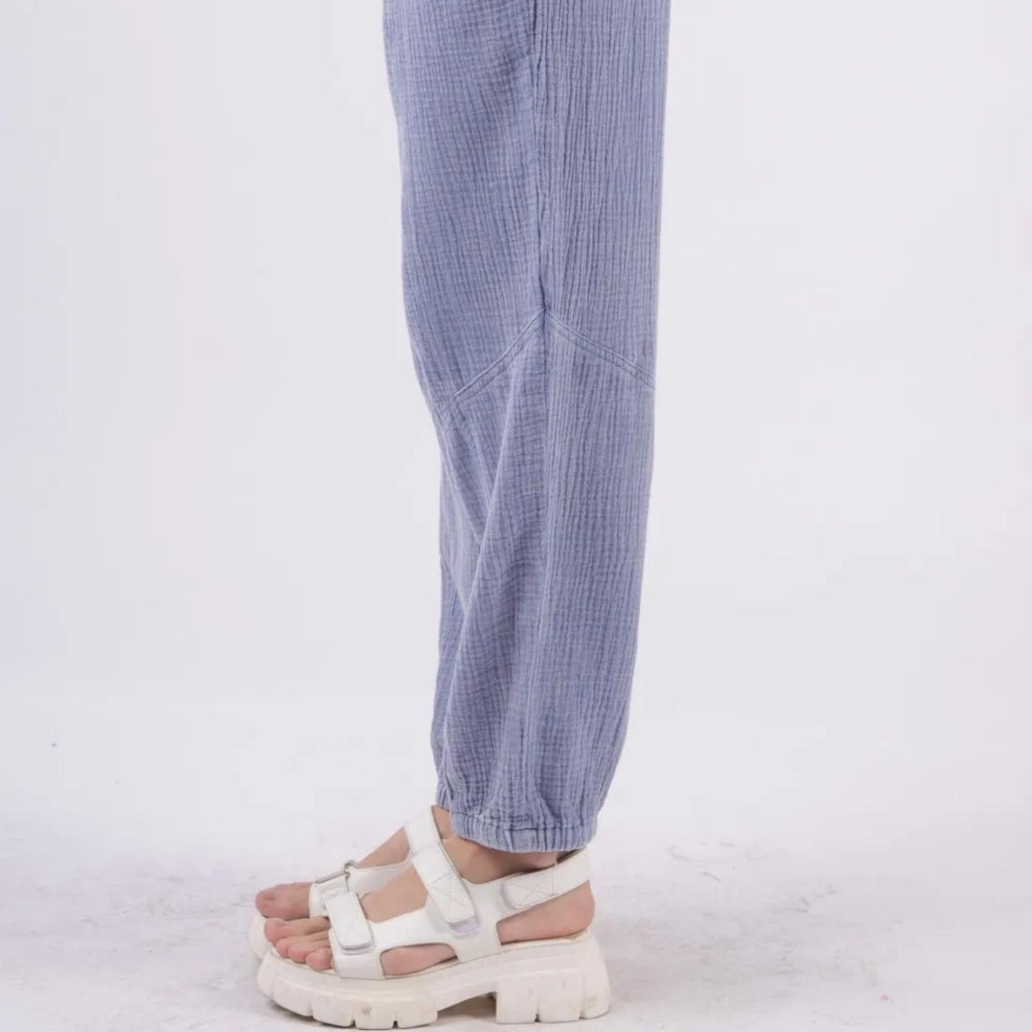 Very J washed gauze cargo pants showing side utility pocket detail.