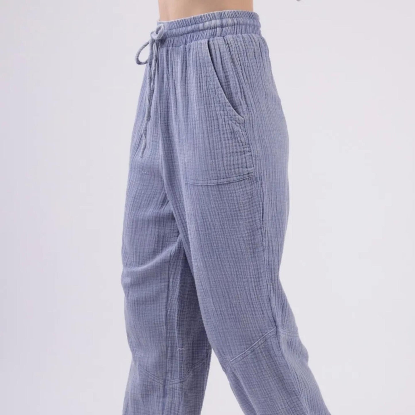 Very J denim blue washed crinkle gauze drawstring cargo pants — lifestyle view.