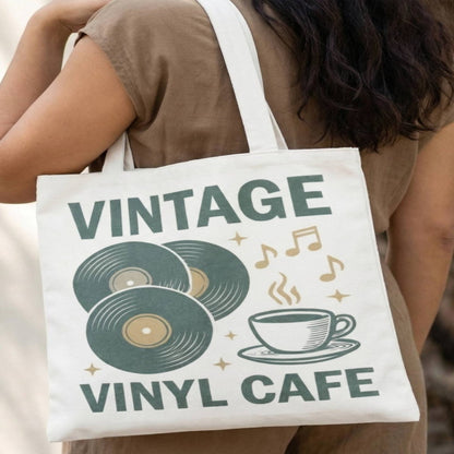 Person carrying a vintage-inspired vinyl cafe tote bag for a casual daily look