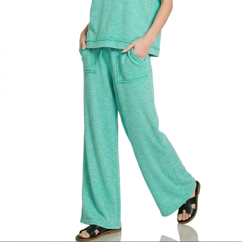 Front view of the turquoise two-piece set showing the relaxed fit and soft slub texture.