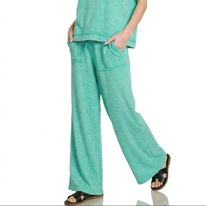 Front view of the turquoise two-piece set showing the relaxed fit and soft slub texture.