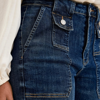 Front view of wide-crop utility jeans showing the patch pocket detail.