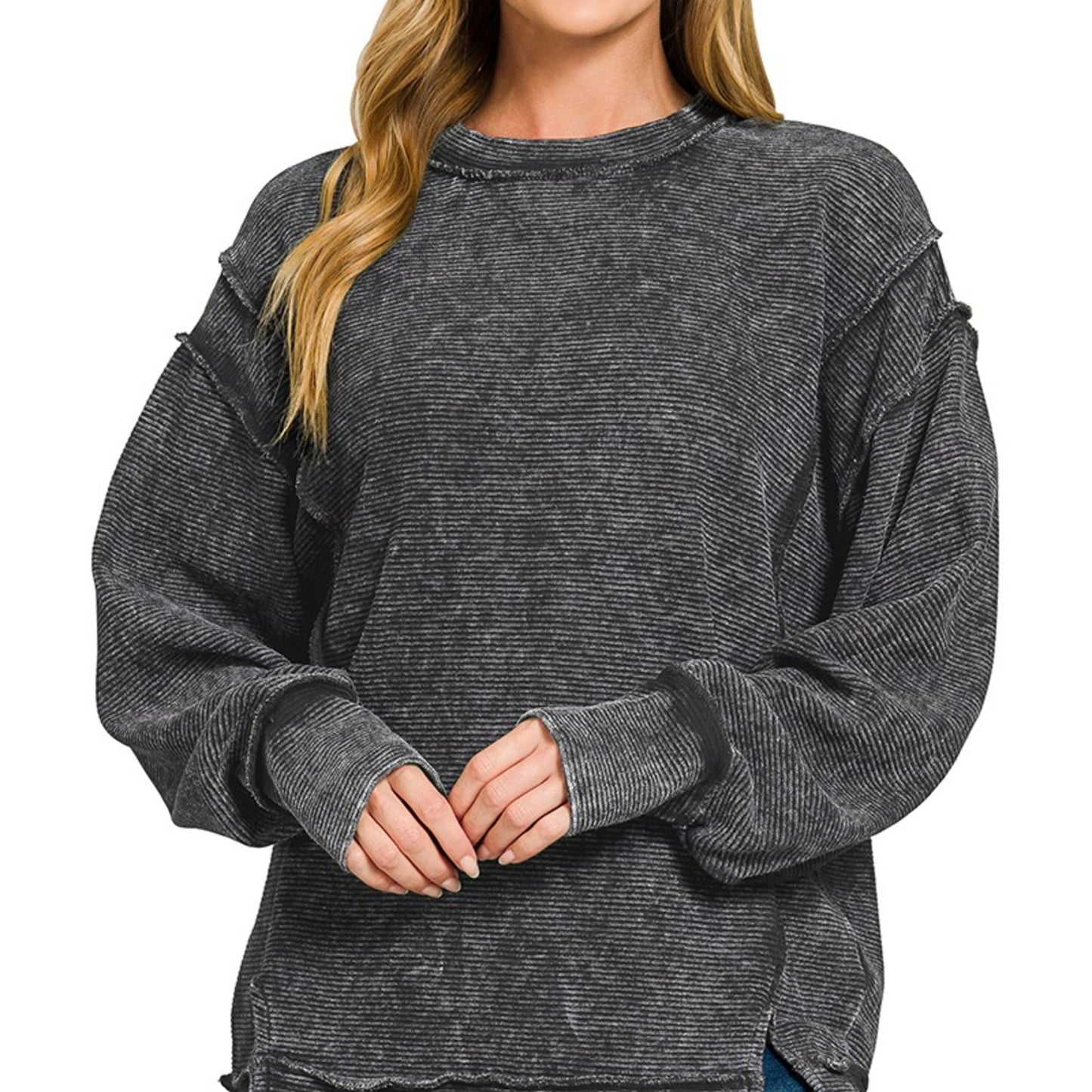 Front view of the Black Zenana acid-wash sweatshirt with exposed seams.