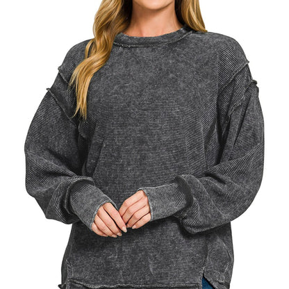 Front view of the Black Zenana acid-wash sweatshirt with exposed seams.
