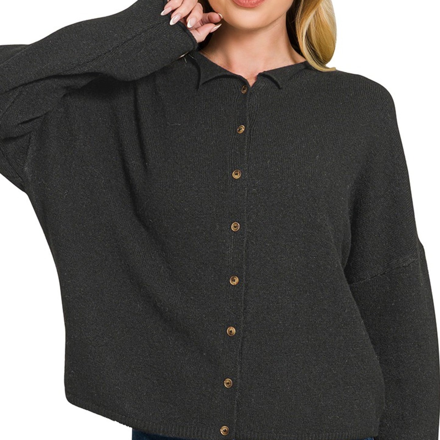Front view of Zenana Black Collared Button-Down Cardigan Sweater.