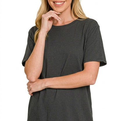 Front view of Zenana Black 100% Cotton Boyfriend Round Neck Tee.