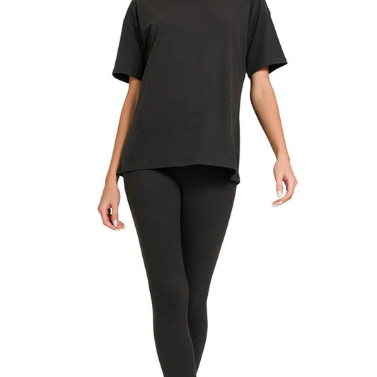 ront view of Zenana Plus Size Brushed Microfiber Loungewear Set in Black.