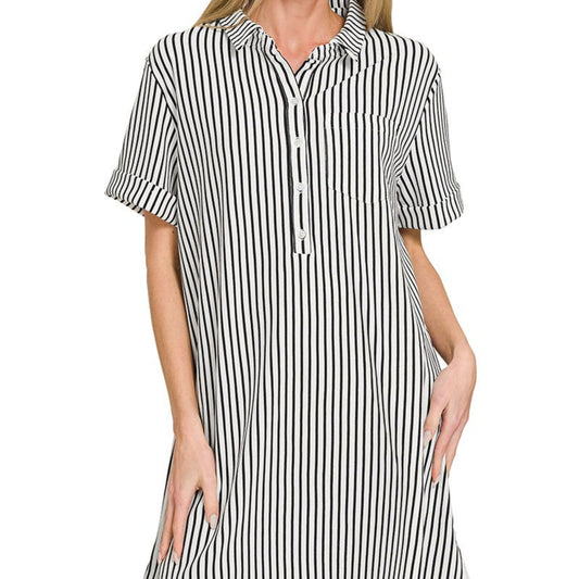 Front view of the Zenana Stripe Collared Half Button-Up T-Shirt Dress in Black.