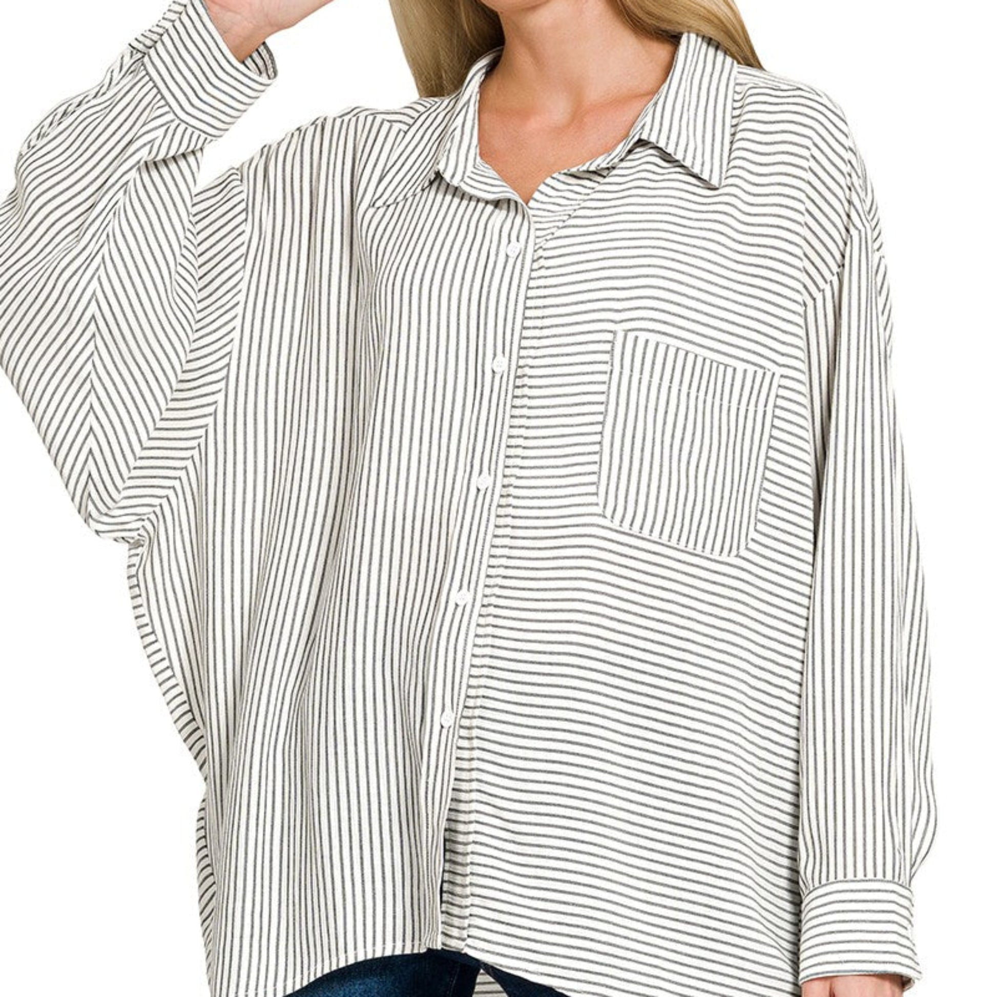 Model wearing the Zenana black striped button-down shirt for a realistic, sharp style.