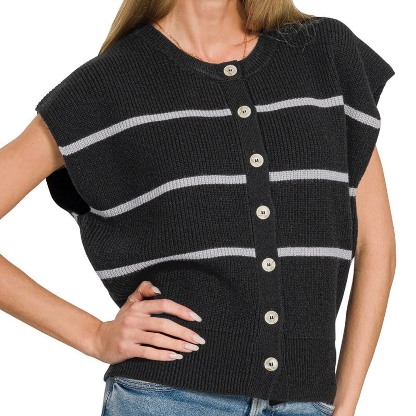 Front view of the Zenana Striped Viscose Sweater Vest in Black.