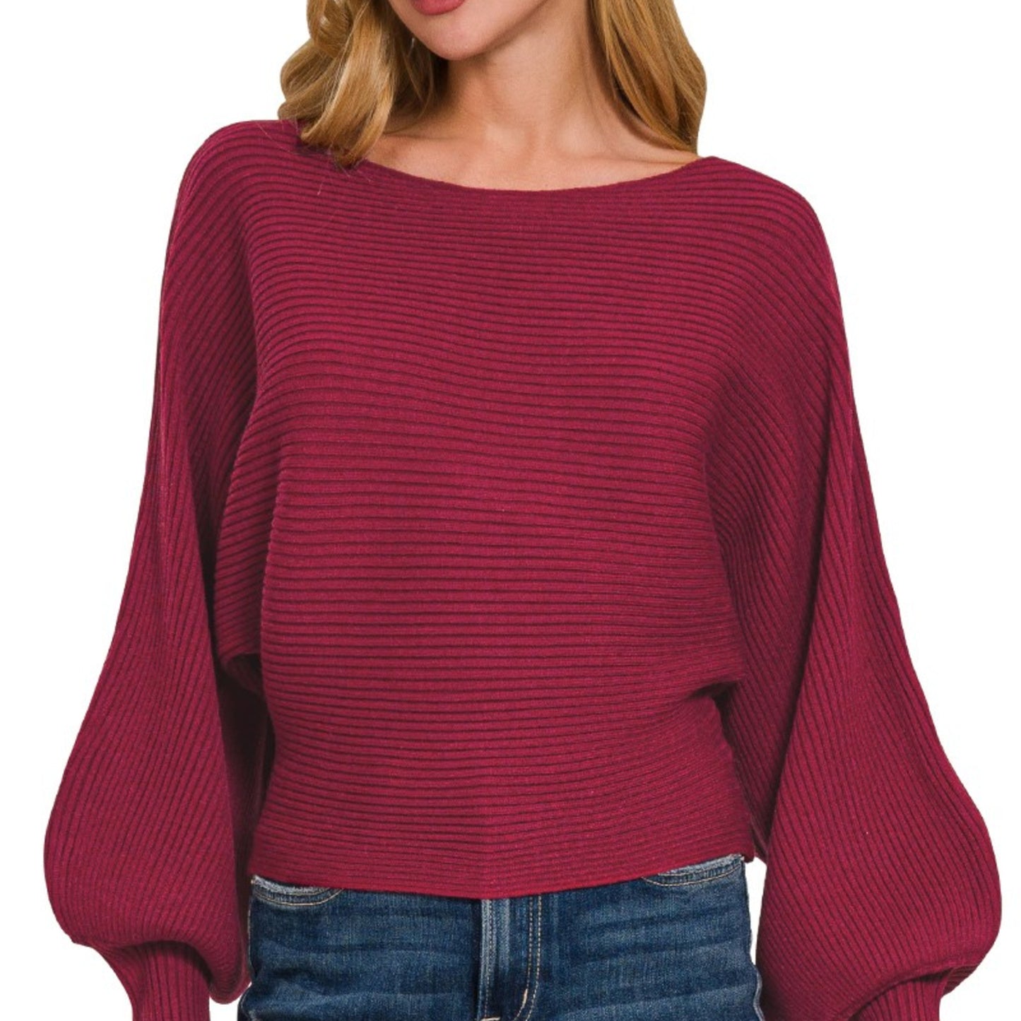 Zenana boat neck sweater with balloon sleeves in Cabernet ribbed knit.