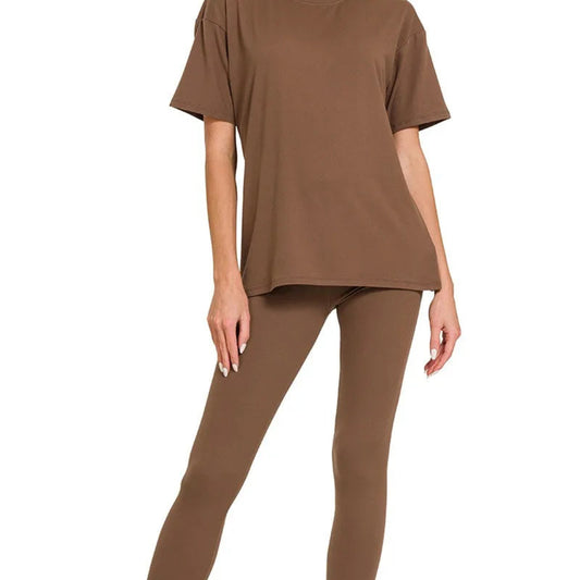 Front view of Zenana Plus Size Brushed Microfiber Loungewear Set in Brown.