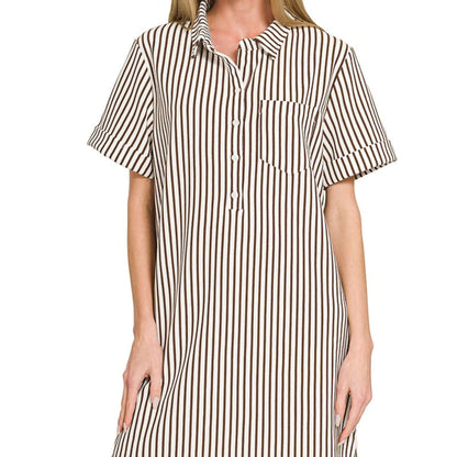 Front view of the Zenana Stripe Collared Half Button-Up T-Shirt Dress in Brown.