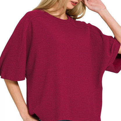 Front view of Zenana Double Knit Short Sleeve Top in Cabernet.