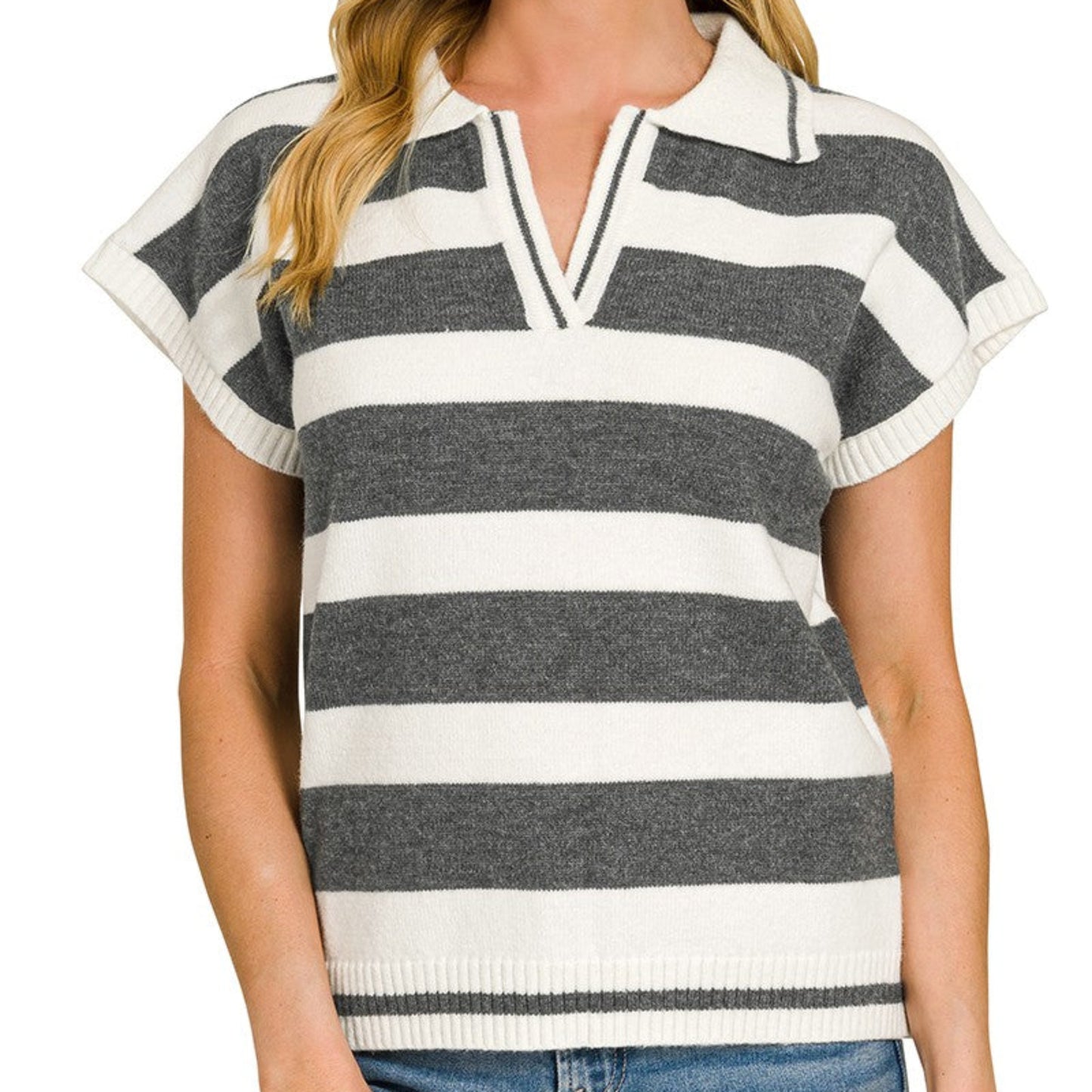Front view of the Zenana Striped Collared Short Sleeve Sweater in Charcoal.