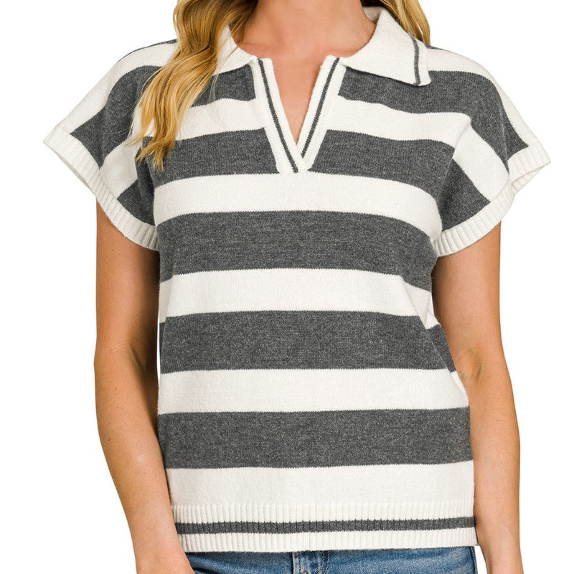 Front view of the Zenana Striped Collared Short Sleeve Sweater in Charcoal.