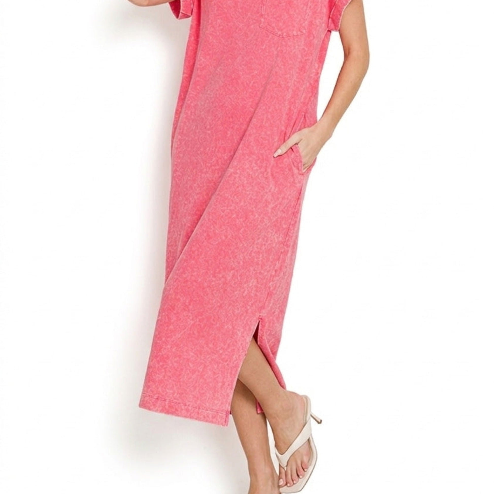 Side view of the washed fuchsia dress showing the subtle side slit and relaxed fit.