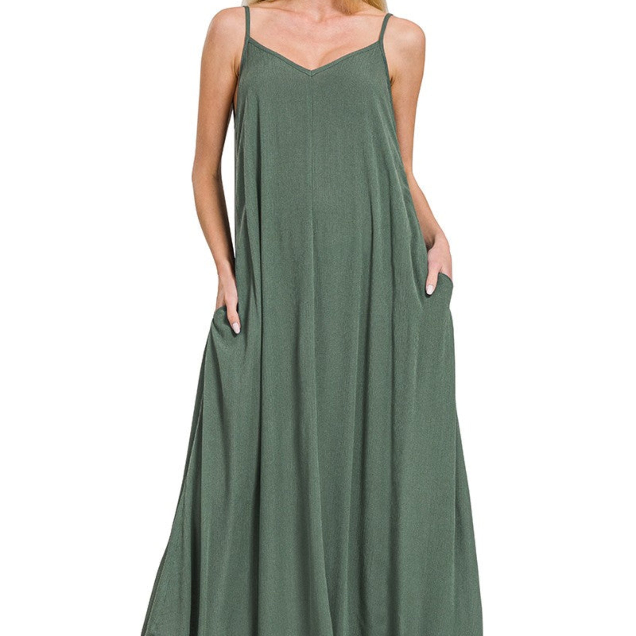 Zenana Woven Crinkle Cami Maxi Dress with Side Pockets ASH JADE / L