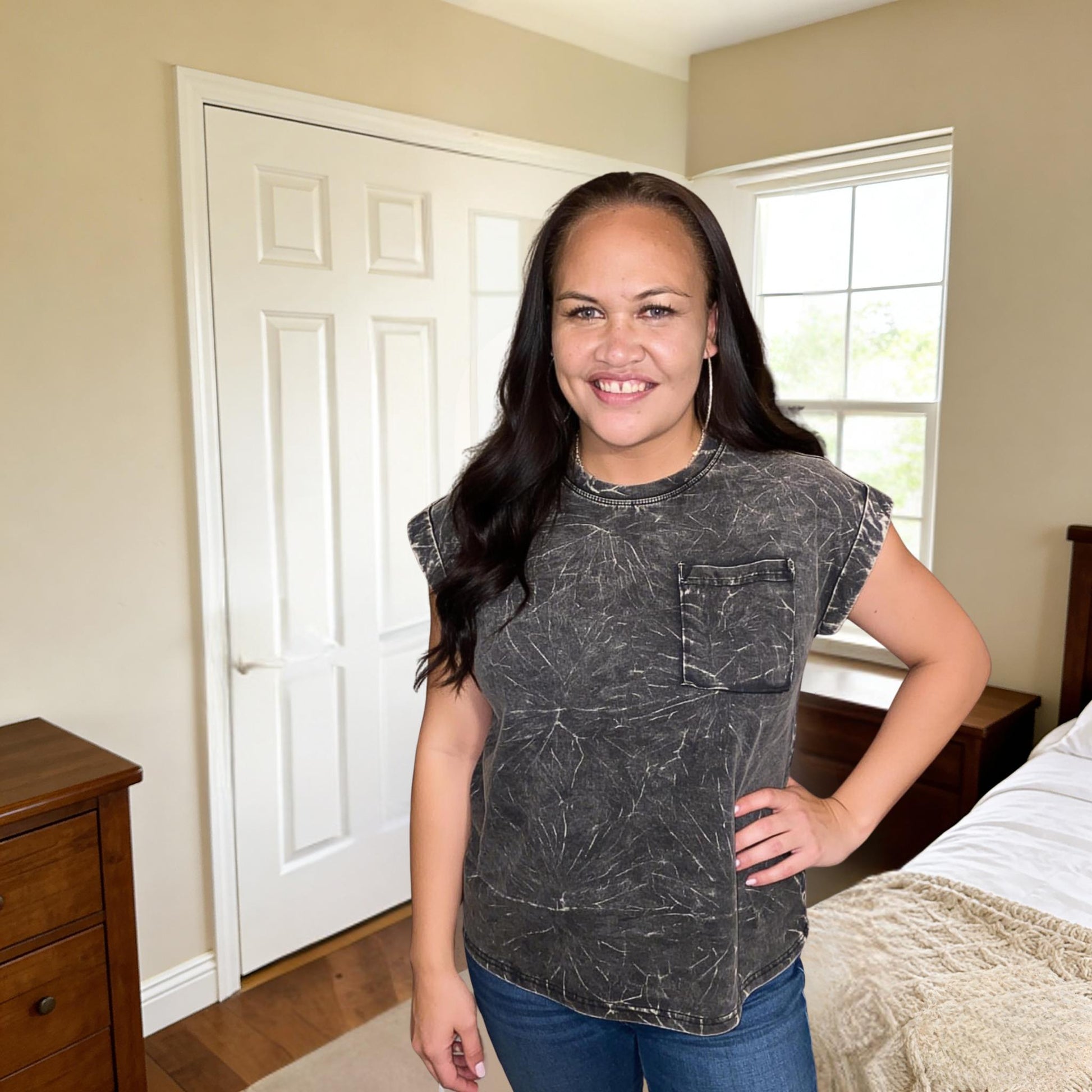 Front view of Zenana Full Size Crinkle Washed Folded Sleeve Tee in Ash Black.