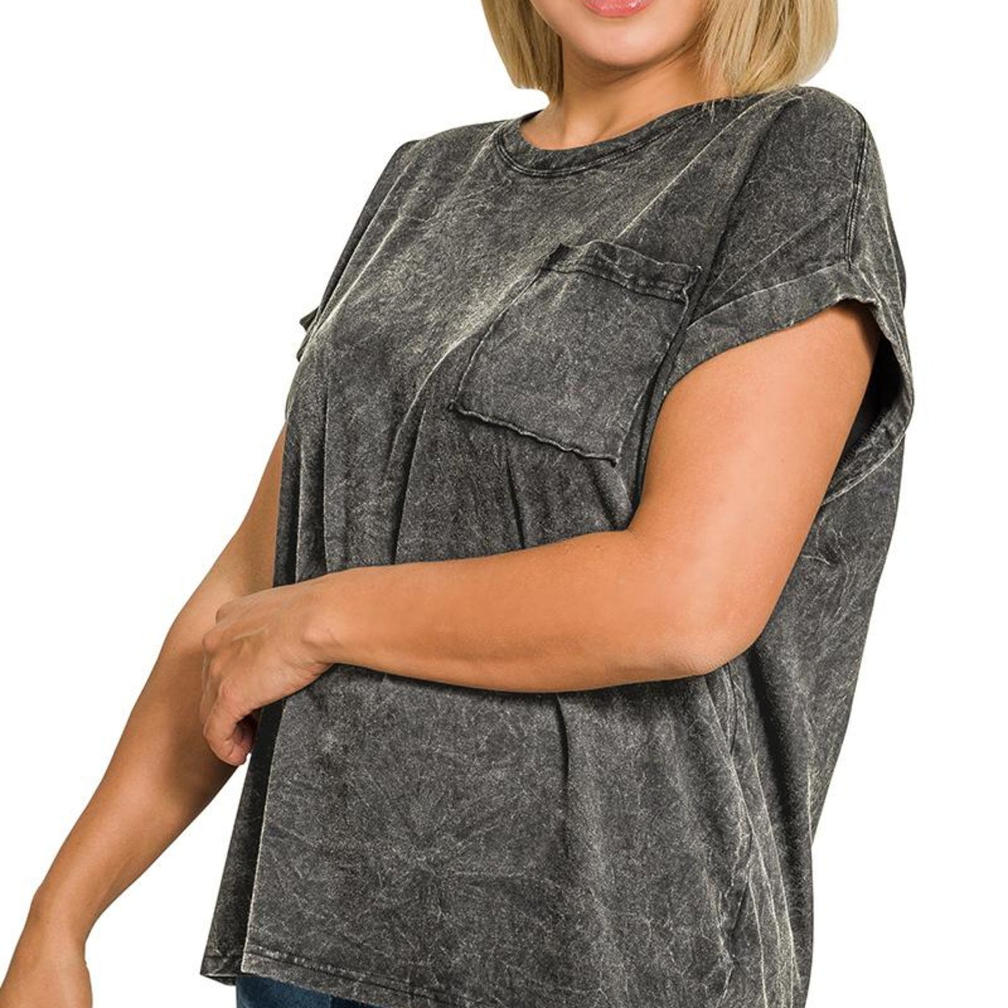 Lifestyle styling view of Zenana relaxed fit crinkle tee in Ash Black.