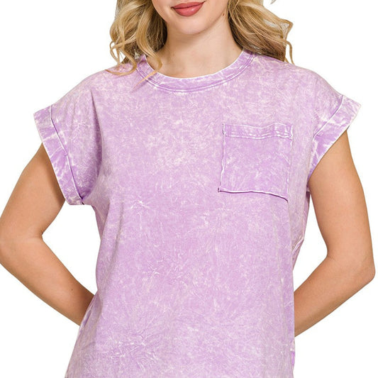 Detailed view of the vintage crinkle-wash fabric and front pocket on the Zenana lavender tee.
