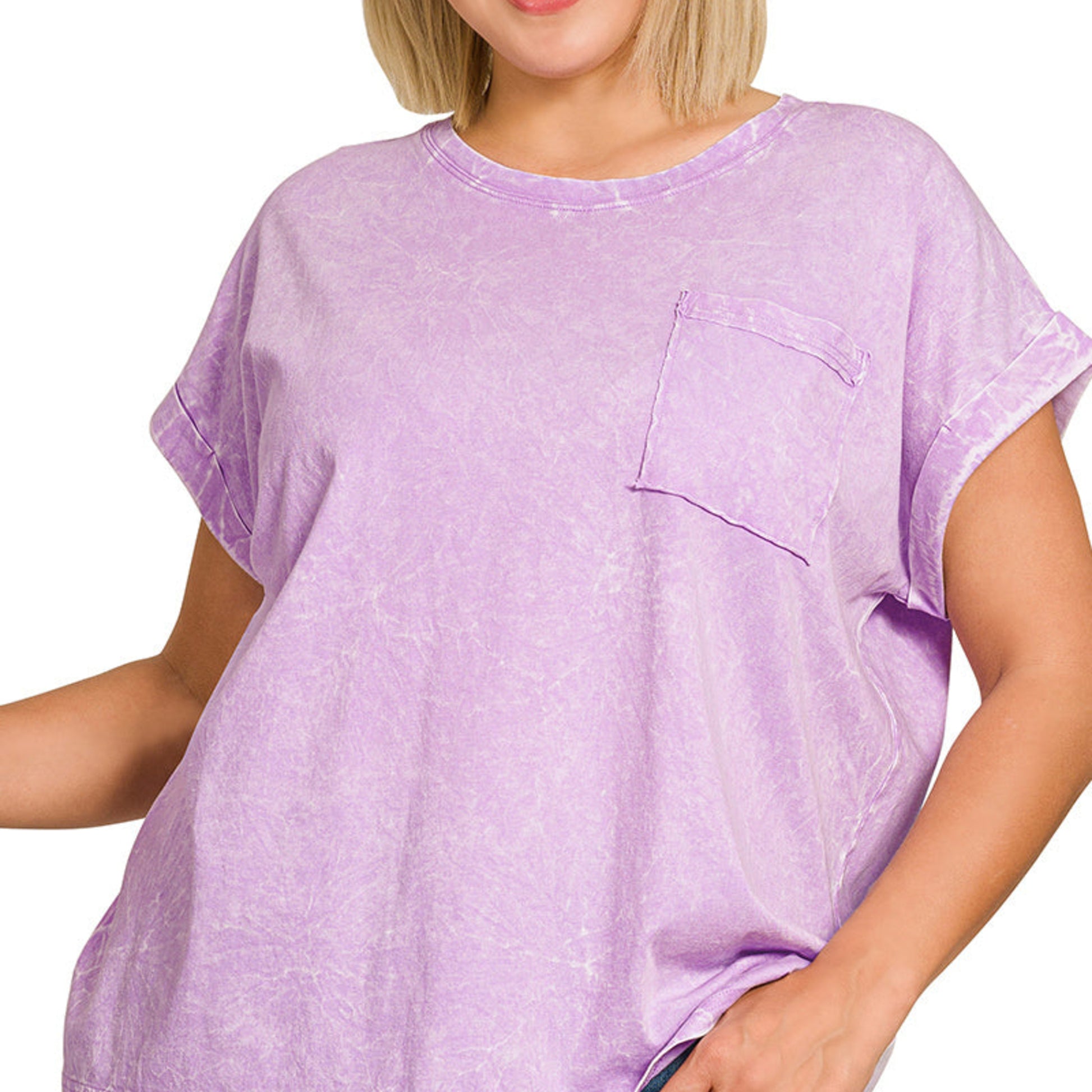 Front view of Zenana Plus Size Crinkle Washed Folded Sleeve Tee in B. Lavender.