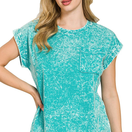 Detailed view of the vintage-wash texture and pocket on the Zenana light teal tee.
