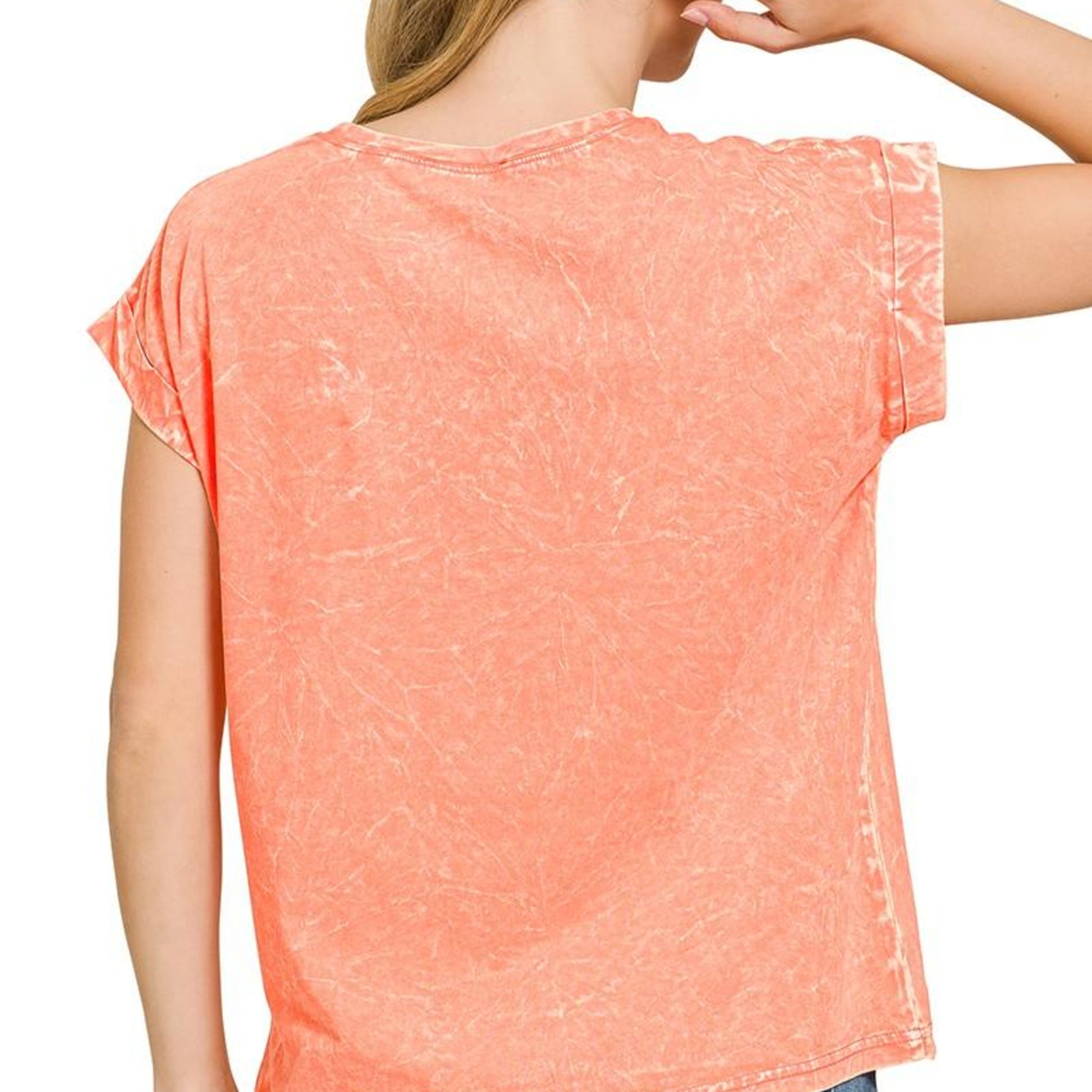 Back view of Zenana women's relaxed fit crinkle tee in Coral.