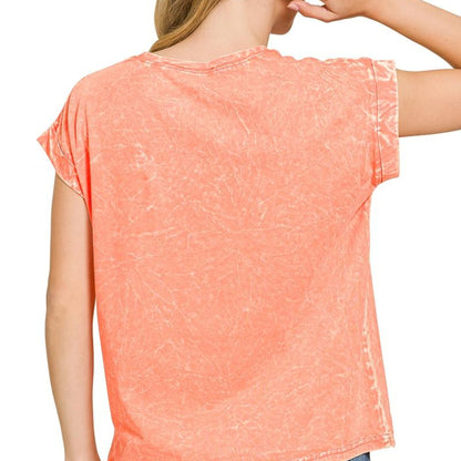 Back view of Zenana women's relaxed fit crinkle tee in Coral.