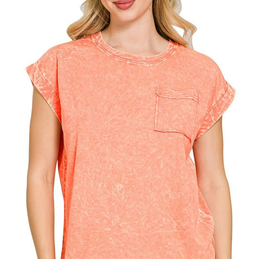 ront view of Zenana Crinkle Washed Folded Sleeve Tee in Coral.