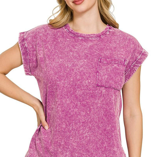 Front view of Zenana Crinkle Washed Folded Sleeve Tee in Light Plum.
