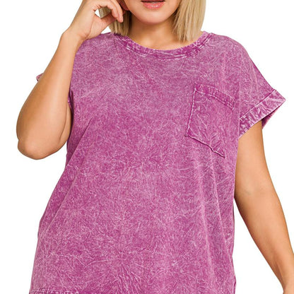 Detailed view of the vintage crinkle-wash texture and front pocket on the Zenana plum tee.